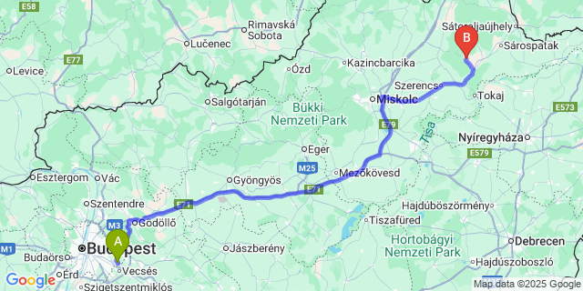 Map: Budapest Airport (BUD), Ferihegy, Liszt Ferenc to Erdőbénye