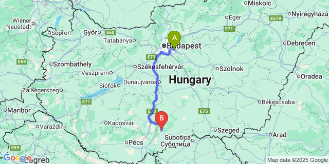 Map: Budapest Airport (BUD), Ferihegy, Liszt Ferenc to Érsekcsanád