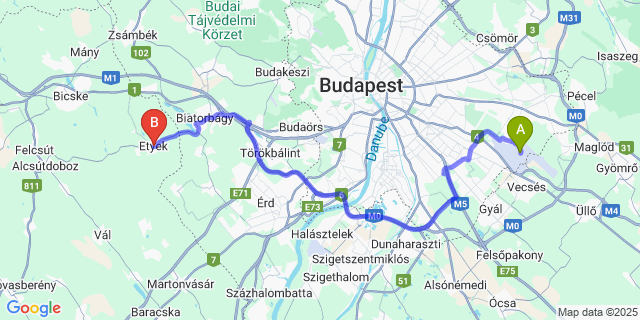 Map: Budapest Airport (BUD), Ferihegy, Liszt Ferenc to Etyek