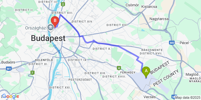 Map: Budapest Airport (BUD), Ferihegy, Liszt Ferenc to Evergreen Budapest Bed & Breakfast and Guest House