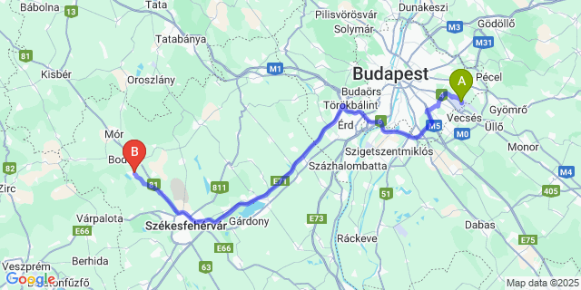 Map: Budapest Airport (BUD), Ferihegy, Liszt Ferenc to Fehérvárcsurgó