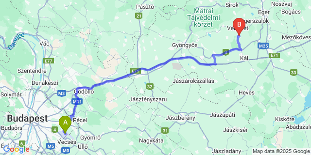 Map: Budapest Airport (BUD), Ferihegy, Liszt Ferenc to Feldebrő