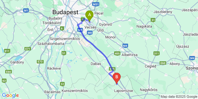 Map: Budapest Airport (BUD), Ferihegy, Liszt Ferenc to Felsőlajos