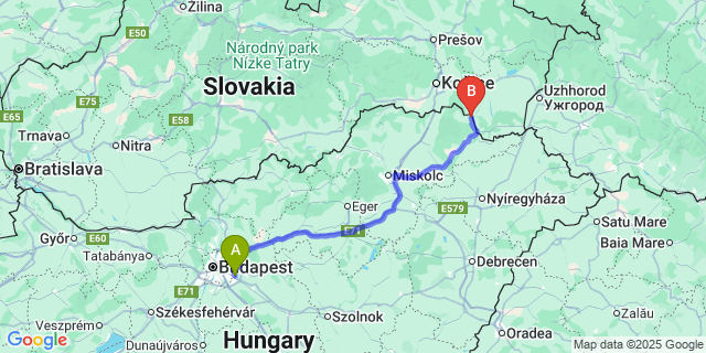 Map: Budapest Airport (BUD), Ferihegy, Liszt Ferenc to Felsőregmec
