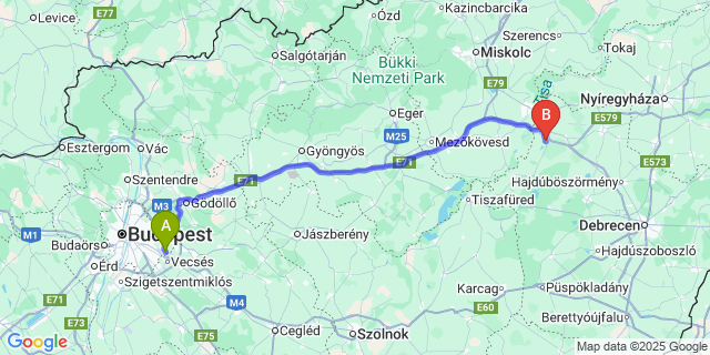 Map: Budapest Airport (BUD), Ferihegy, Liszt Ferenc to Folyás