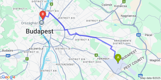 Map: Budapest Airport (BUD), Ferihegy, Liszt Ferenc to Fortuna Boat Hotel Budapest