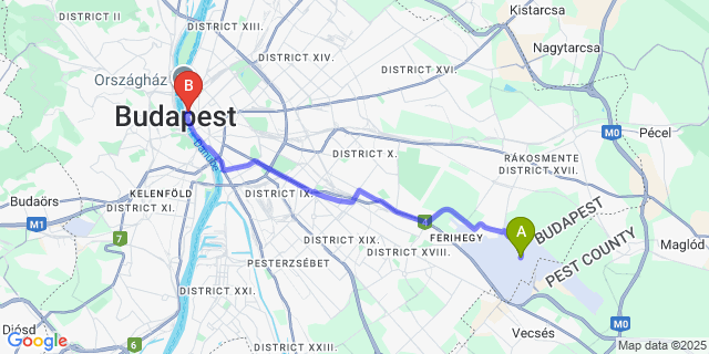 Map: Budapest Airport (BUD), Ferihegy, Liszt Ferenc to Four Seasons Gresham Palace