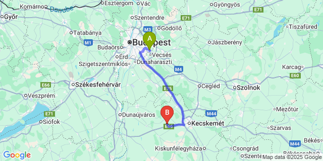 Map: Budapest Airport (BUD), Ferihegy, Liszt Ferenc to Fülöpháza