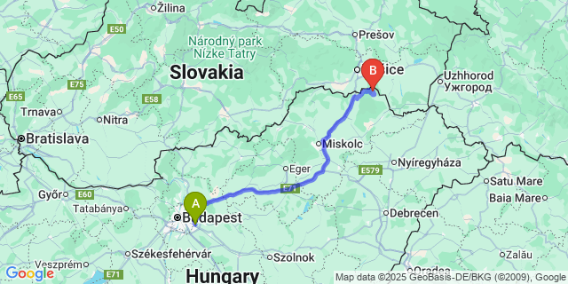 Map: Budapest Airport (BUD), Ferihegy, Liszt Ferenc to Füzér