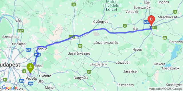 Map: Budapest Airport (BUD), Ferihegy, Liszt Ferenc to Füzesabony