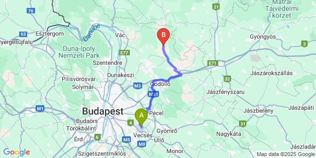 Map: Budapest Airport (BUD), Ferihegy, Liszt Ferenc to Galgagyörk