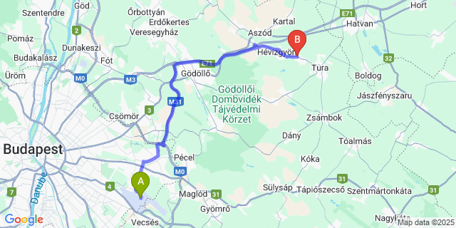 Map: Budapest Airport (BUD), Ferihegy, Liszt Ferenc to Galgahévíz