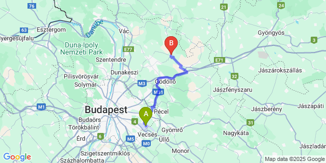 Map: Budapest Airport (BUD), Ferihegy, Liszt Ferenc to Galgamácsa