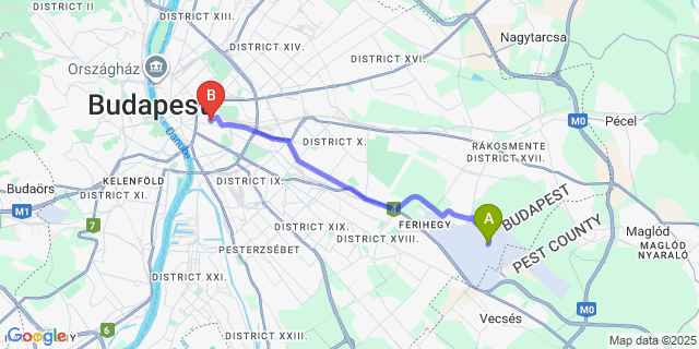 Map: Budapest Airport (BUD), Ferihegy, Liszt Ferenc to Garden House Budapest