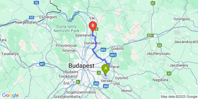 Map: Budapest Airport (BUD), Ferihegy, Liszt Ferenc to Göd