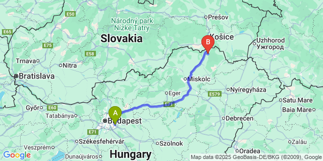 Map: Budapest Airport (BUD), Ferihegy, Liszt Ferenc to Gönc
