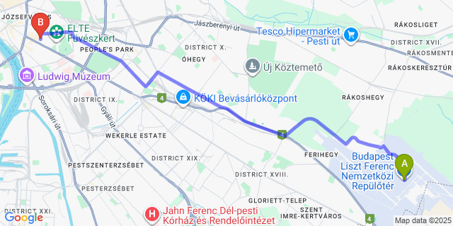 Map: Budapest Airport (BUD), Ferihegy, Liszt Ferenc to GoodMo House - Hostel