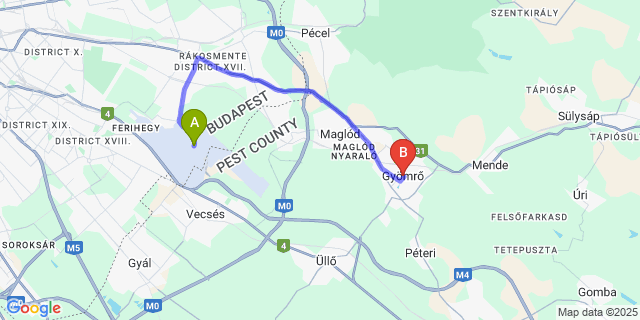 Map: Budapest Airport (BUD), Ferihegy, Liszt Ferenc to Gyömrő