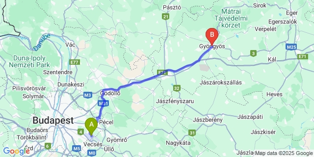 Map: Budapest Airport (BUD), Ferihegy, Liszt Ferenc to Gyöngyös