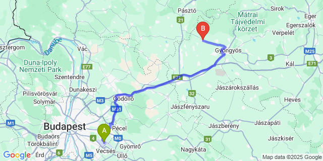 Map: Budapest Airport (BUD), Ferihegy, Liszt Ferenc to Gyöngyöspata