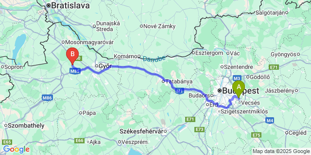 Map: Budapest Airport (BUD), Ferihegy, Liszt Ferenc to Győrsövényház