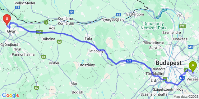 Map: Budapest Airport (BUD), Ferihegy, Liszt Ferenc to Győrújfalu
