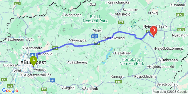 Map: Budapest Airport (BUD), Ferihegy, Liszt Ferenc to Hajdúdorog