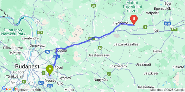 Map: Budapest Airport (BUD), Ferihegy, Liszt Ferenc to Halmajugra