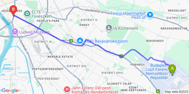 Map: Budapest Airport (BUD), Ferihegy, Liszt Ferenc to happy home Budapest BLUE