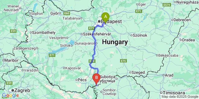 Map: Budapest Airport (BUD), Ferihegy, Liszt Ferenc to Hercegszántó