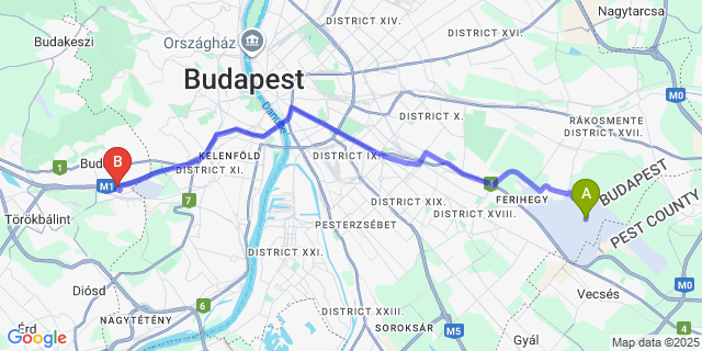 Map: Budapest Airport (BUD), Ferihegy, Liszt Ferenc to Holiday Inn Budapest-Budaörs