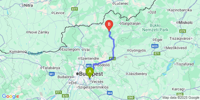 Map: Budapest Airport (BUD), Ferihegy, Liszt Ferenc to Hollókő