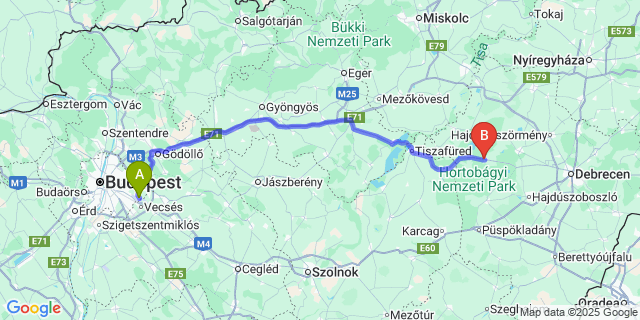 Map: Budapest Airport (BUD), Ferihegy, Liszt Ferenc to Hortobágy