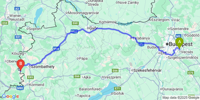 Map: Budapest Airport (BUD), Ferihegy, Liszt Ferenc to Horvátlövő