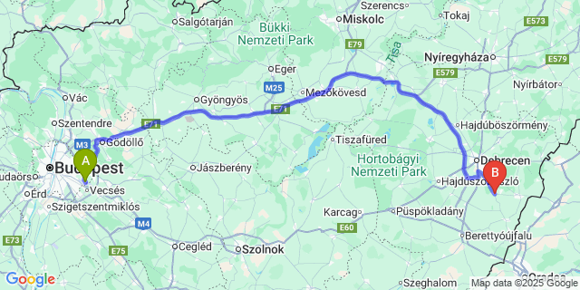 Map: Budapest Airport (BUD), Ferihegy, Liszt Ferenc to Hosszúpályi