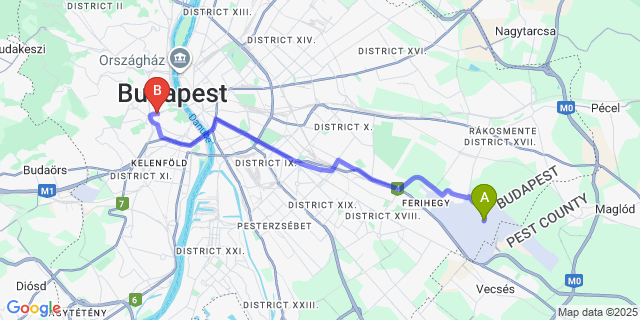 Map: Budapest Airport (BUD), Ferihegy, Liszt Ferenc to Hotel Bara Budapest