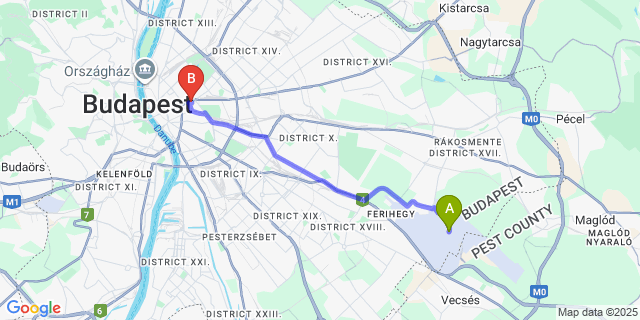 Map: Budapest Airport (BUD), Ferihegy, Liszt Ferenc to Hotel Bristol Budapest