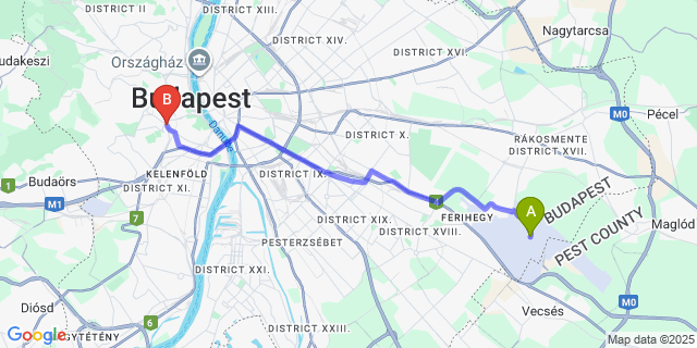 Map: Budapest Airport (BUD), Ferihegy, Liszt Ferenc to Hotel Mediterran