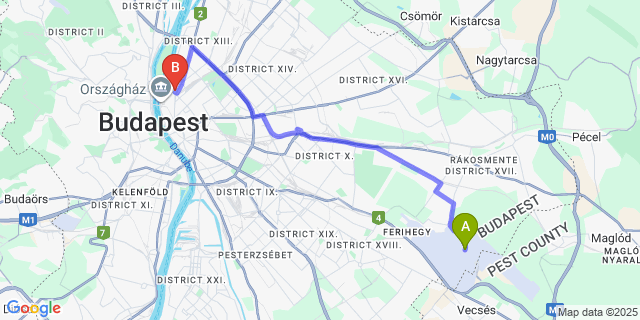 Map: Budapest Airport (BUD), Ferihegy, Liszt Ferenc to Metro