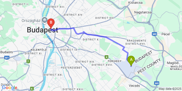 Map: Budapest Airport (BUD), Ferihegy, Liszt Ferenc to Hotel Mika Downtown