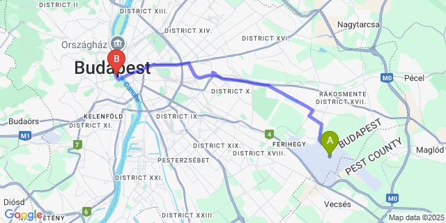 Map: Budapest Airport (BUD), Ferihegy, Liszt Ferenc to Hotel Orion V?rkert
