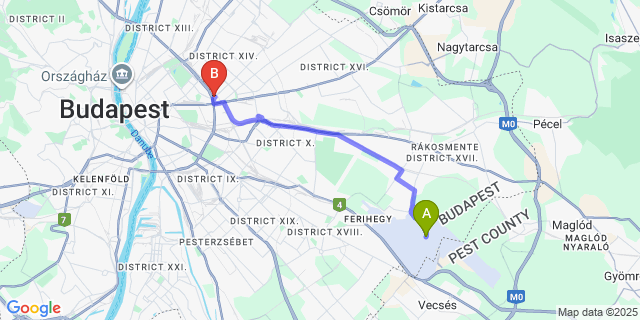 Map: Budapest Airport (BUD), Ferihegy, Liszt Ferenc to Hotel Veritas