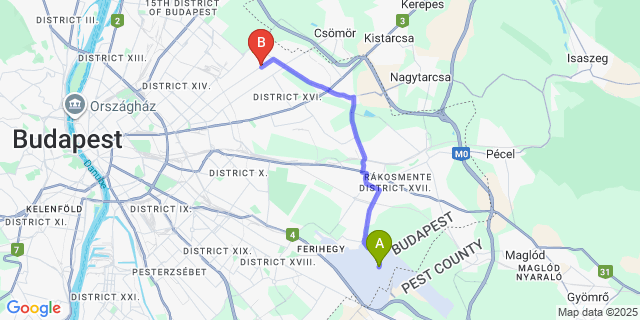 Map: Budapest Airport (BUD), Ferihegy, Liszt Ferenc to Hotel Viki