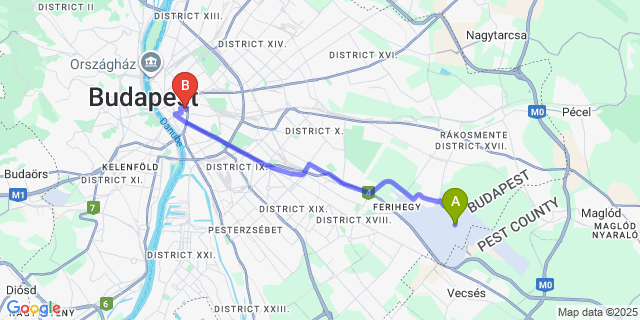 Map: Budapest Airport (BUD), Ferihegy, Liszt Ferenc to House Beletage-Boutique Hotel