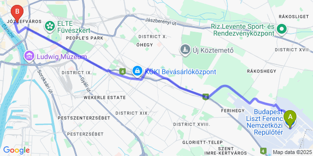 Map: Budapest Airport (BUD), Ferihegy, Liszt Ferenc to ibis Budapest Centrum