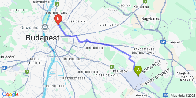 Map: Budapest Airport (BUD), Ferihegy, Liszt Ferenc to ibis Budapest Heroes Square