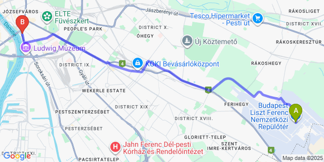 Map: Budapest Airport (BUD), Ferihegy, Liszt Ferenc to ibis Styles Budapest City