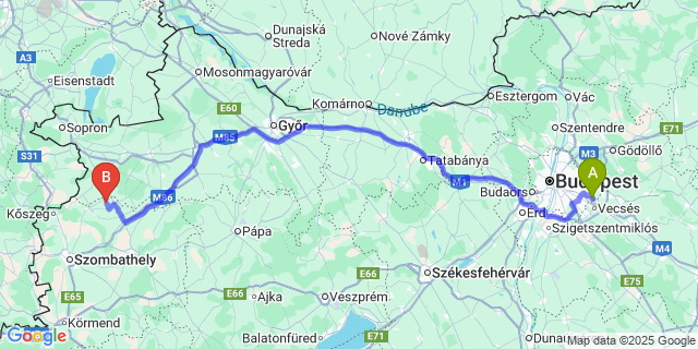 Map: Budapest Airport (BUD), Ferihegy, Liszt Ferenc to Iklanberény
