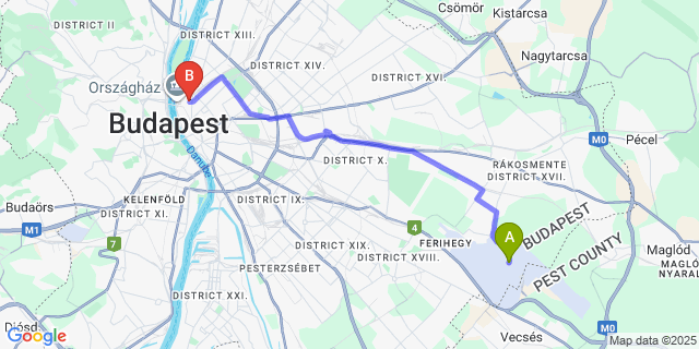 Map: Budapest Airport (BUD), Ferihegy, Liszt Ferenc to Ikonik Parlament