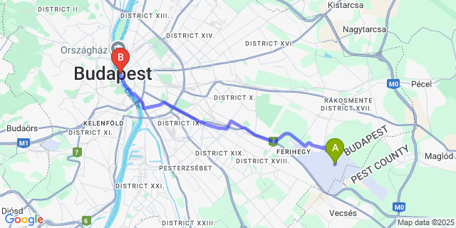 Map: Budapest Airport (BUD), Ferihegy, Liszt Ferenc to InterContinental Budapest, an IHG Hotel